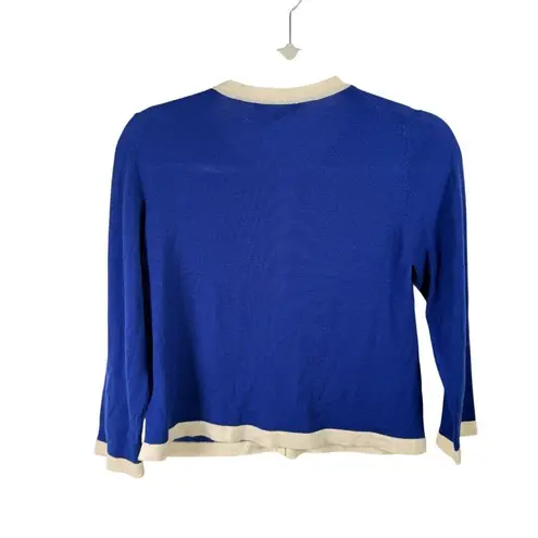 Samantha Sung Blue Cream Cardigan Crop Sweater 100% Wool Preppy Womens Medium