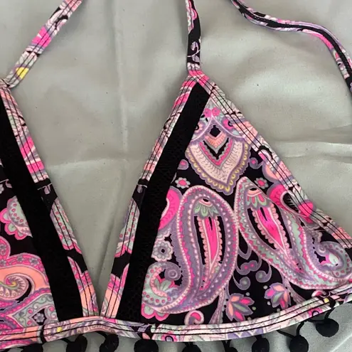 Womens Bikini Triangle Swim Top S Small Boho Multicolor Print Fringe Pom Trim Pink