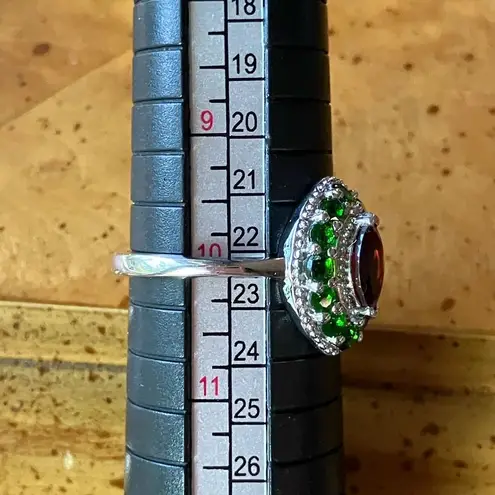 Natural Red Garnet Chrome Diopside Sterling Silver Halo Ring Size 10 Green