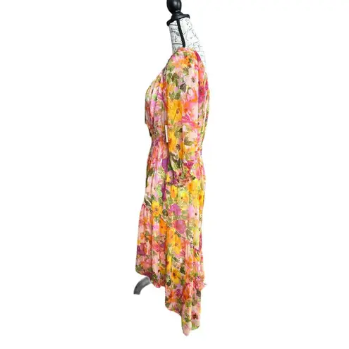 New Anthropologie Fig & Flower Floral Boho Hi Lo Chiffon LS Dress Lined Large Pink