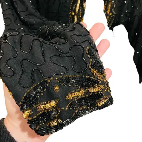 Night Vogue Vintage 80s Silk Black Gold Beaded Sequin Swirly Glam Party Jacket Size 1X