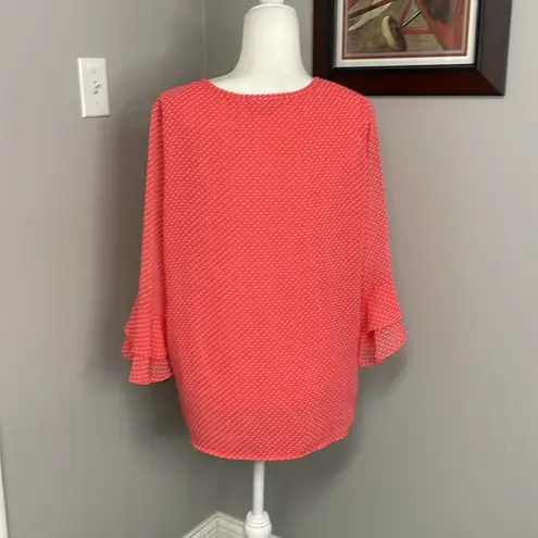 Valerie Stevens Coral Pink Polka Dot Top Long sleeve Ruffle Size Large