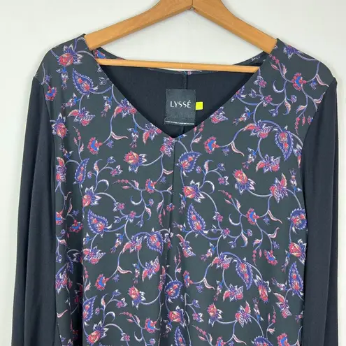 Lysse Tunic Top Womens Large Black Floral Sheer Mixed Media Long Sleeve V-Neck L