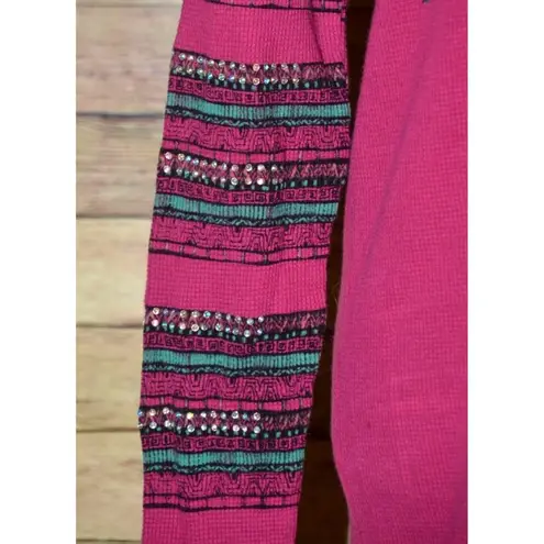 Vocal Women's M Embellished Cross Waffle Knit Long Sleeve Thermal Biker Top