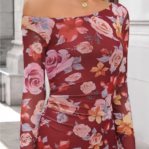 ZESICA Women's Long Sleeve Floral Maxi Dress Off Shoulder Bodycon Ruched Mesh Red Size M