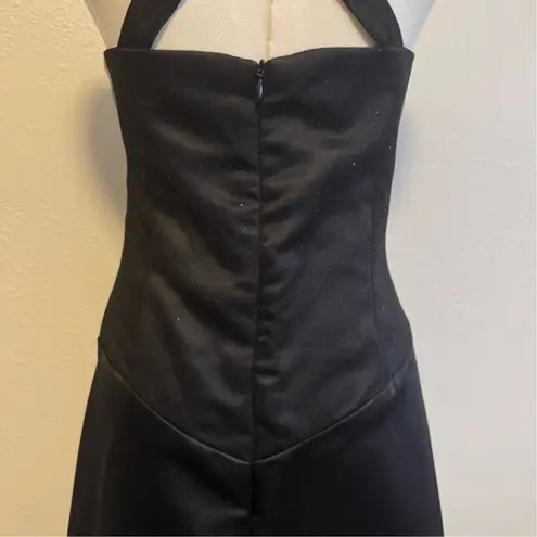 Onyx Nite Vintage Black Glitter Ruched Tulle Bust V Neck Long Formal Prom Dress