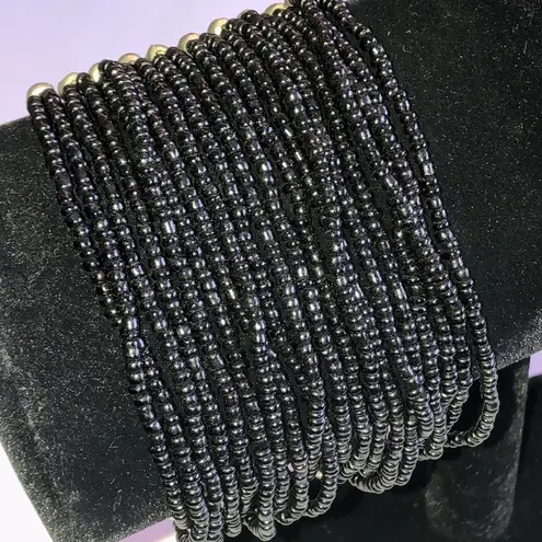 Silver Tone Black Seed Bead Boho Beaded Wide Stretchy Bracelet