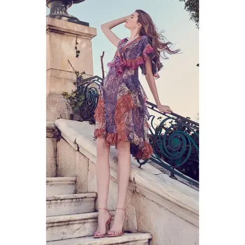 Costarellos Frill Ruffle Tiered Dress Bohemian Cottagcore Paisley Patches Orange Size undefined