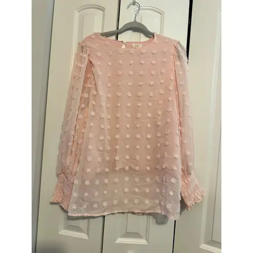 Pink Sheer Long Sleeve Tunic With Textured Polka Dot Design Smocked Cuffs & Back Size L