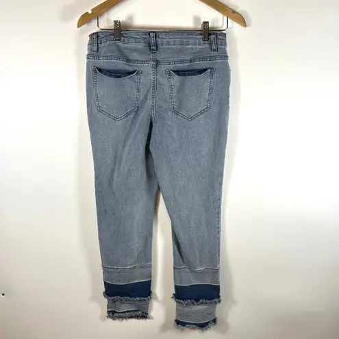AZI New York Womens Jeans Size 6 Stretch Demin Patchwork Frilled Bottoms Crop Blue