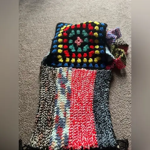 Vintage Crochet Boho Fringe Crossbody Bag — Multicolor Handmade Red