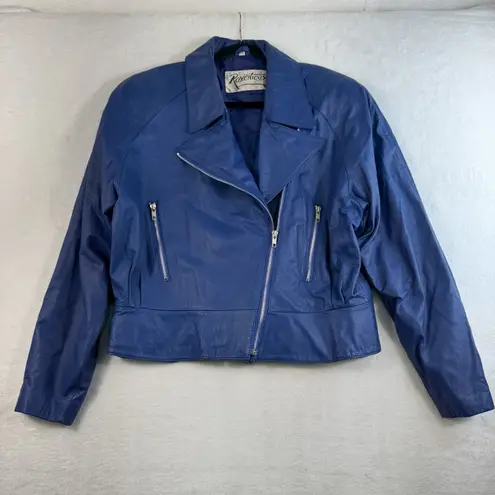 Vtg 90s L Large Leather Moto Jacket Blue Cropped Rockabilly Edgy Grunge Baddie