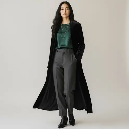 Easy Spirit Vintage Black Velvet Duster Topper Coat (Fits M) Long Black Open Front Duster