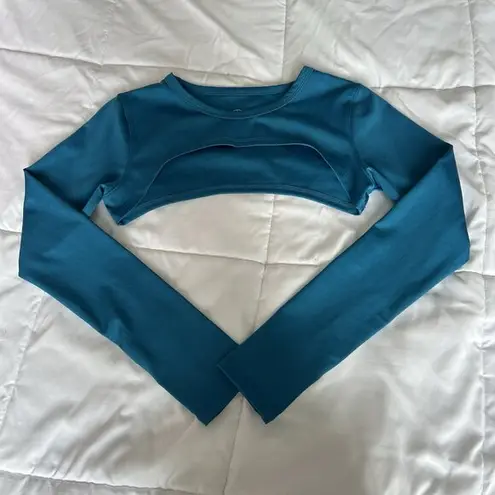 Move Theology Womens Large Long Sleeve Teal Cut Out Crop Top Gym Yoga Workout Blue
