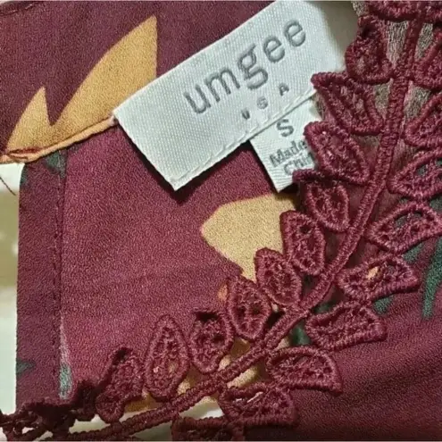 Umgee  Boho Floral Tunic Dress Burgundy Long Sleeve Fall Mini Dress Size Small