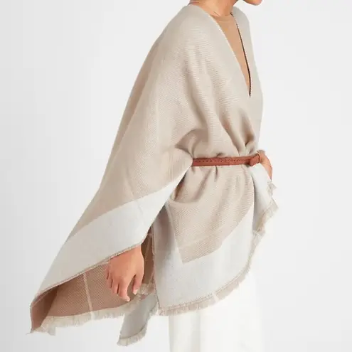 Banana Republic  Tan White reversible plaid Poncho with fringe Trim one size fits