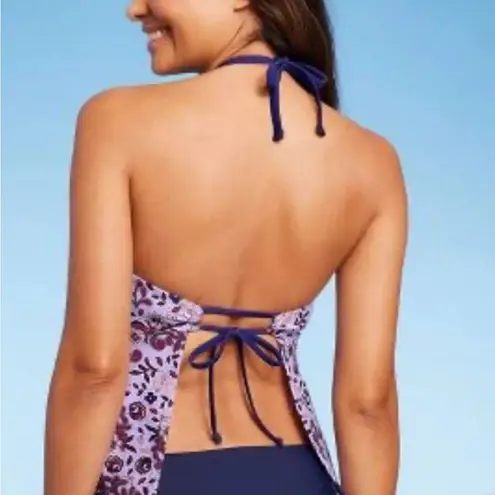 Kona Sol Halter Tankini Top Swim Top Floral Padded Swimwear Navy Blue S Boho