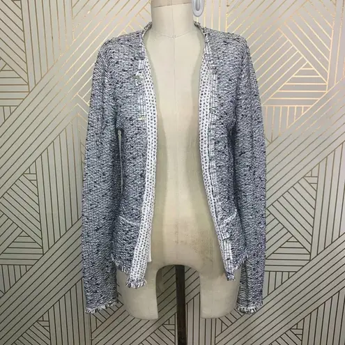 Escada Harbor Blue Tweed Fringe Knit Sweater Blazer Jacket Size US Small