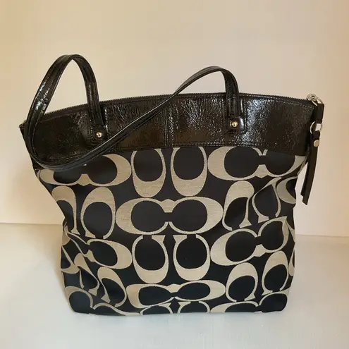 Coach Tote Bag Signature Black Khaki with Patent Leather Trim Purse