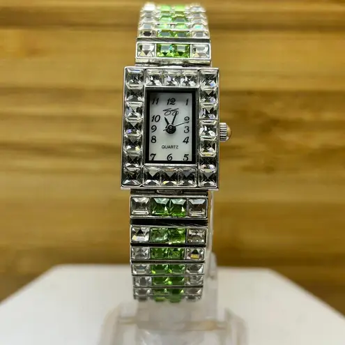 Suzanne Somers Deco Watch Green Square Channel Set Stones Women's Silver Tone