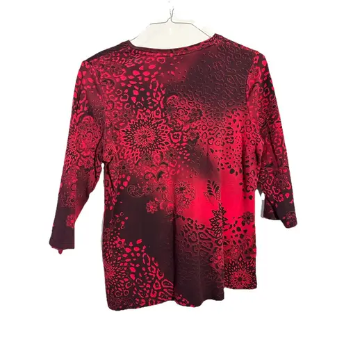 Allison Daley Red & Black Ombr Floral Leopard Print V-Neck Rhinestone Top M/M