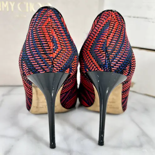 Jimmy Choo Red & Navy Geometric Pattern Woven Pointed Toe Heels