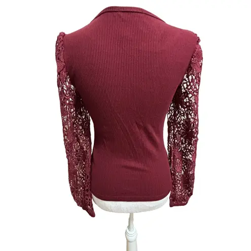 Pretty Garden Fitted Ribbed Top Womens S Lace Sleeves Burgundy Romantic Feminine Red