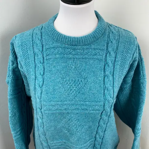Vintage 80s Teal Irish Aran Sweater 100% Wool Large Blue