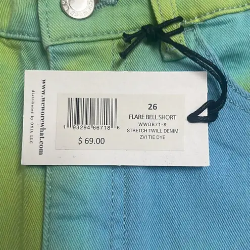 We Wore What  Womens 26 Flare Bell Denim Shorts Blue Green Tie Dye Stretch NWT