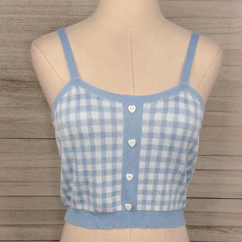 Cider Cropped Gingham Check Tank Top with Heart Buttons Blue/White-XL
