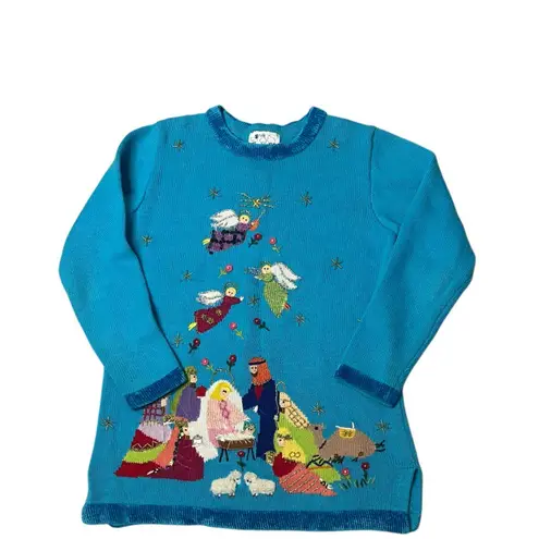 QUACKER FACTORY Blue Sweater Christmas Nativity Scene Angels Size XS 90s VINTAGE