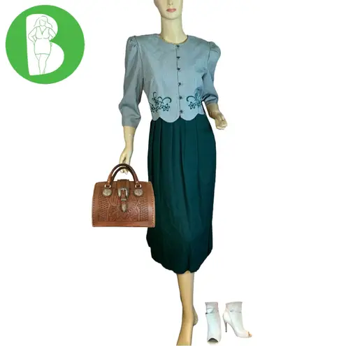 MISS DORBY VINTAGE 1990'S GREEN & WHITE ONE PIECE DRESS WITH TIE BACK BELT (6P)