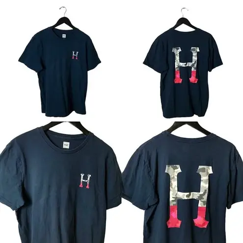HUF T Shirt Camouflage Letter Double Sided Graphic Tee Short Sleeve L Size L