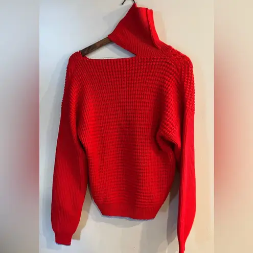 a.n.a  OCTOBER Women’s Red 100% Merino Wool Chunky Knit Cut Out Turtleneck Sweater