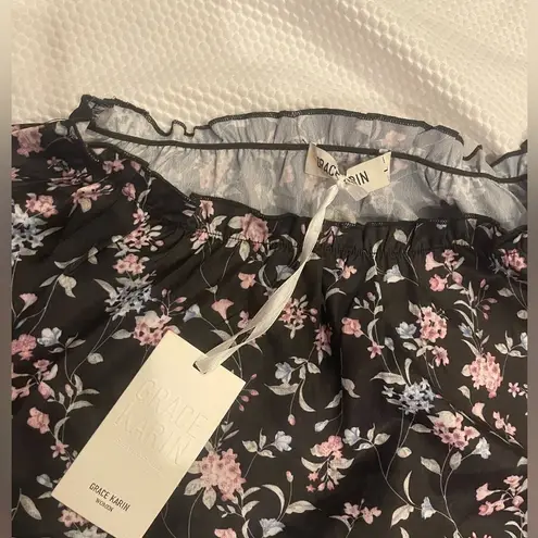 Grace Karin Black Long Sleeve Relaxed Blouse with flowers NWT size large