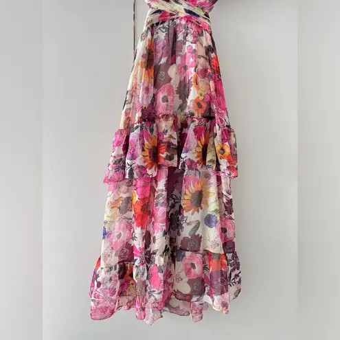 Mac Duggal Pink Floral Chiffon V Neck Ruffle Sleeveless Tiered Midi Dress 4