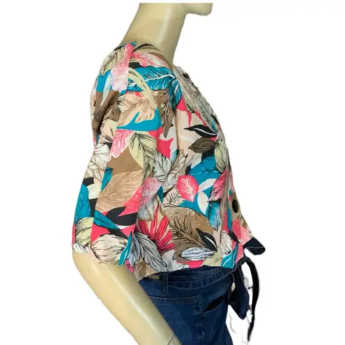 VINTAGE 1980'S JESSICA SCOTT TAUPE, SALMON & TURQUOISE FLORAL PRINT COTTON TOP S Pink