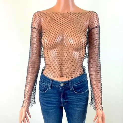 Women's Night Club Festival Party Bejeweled Mesh Crop Top Size Small Black