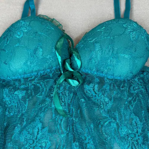 Unbranded Nightie Womens XL Teal Green Molded Cup Babydoll Lace V Neck Teddy