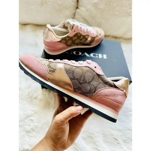 Coach NIB  C142 Sig Jacq Runner Sneaker Size 6/36 Khaki/Petal LDL Pink/Rosegold