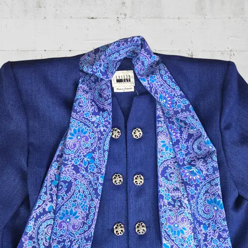 Vintage 1980s Blue Paisley Leslie Fay 3 Piece Skirt Blouse Scarf Set Size 10 Black
