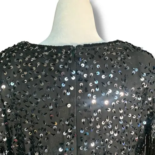 Vintage 80s Cocktail Dress Silk Black Metallic Sequin Fringe Sleeve Size 10