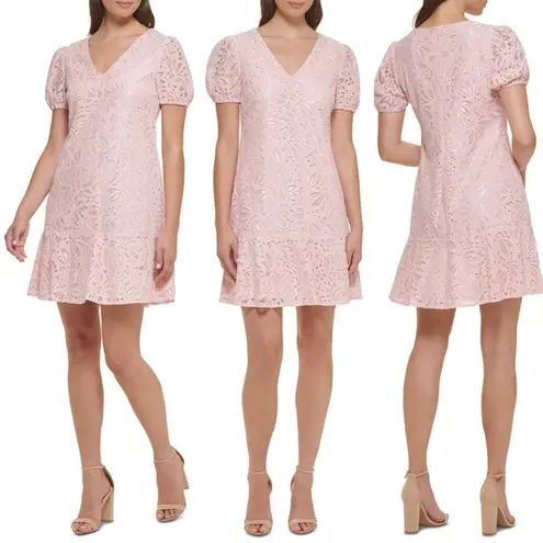 Kensie  Blush Pink Lace Puff-Sleeve Flutter-Hem Shift Mini Dress