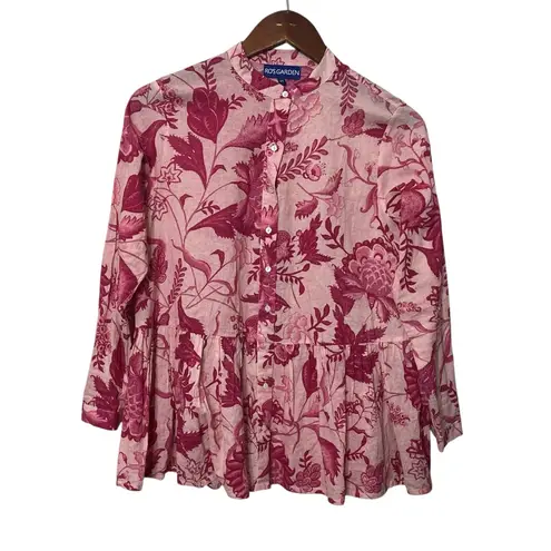 Tuckernuck Ro’s Garden Chanderi Top Size XS Pink Floral Cotton Button Blouse