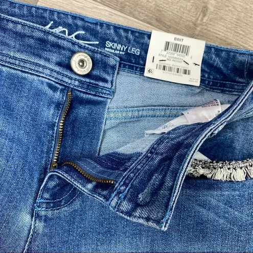 INC International Concepts Skinny Jeans Tweed Fringe Side Mid Rise Size 0 NWT Blue