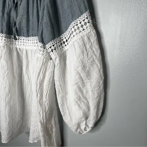 Kaktus NEW Blue White Chambray Boho Peasant Lace Tie Top 3/4 Balloon Sleeve L Size L