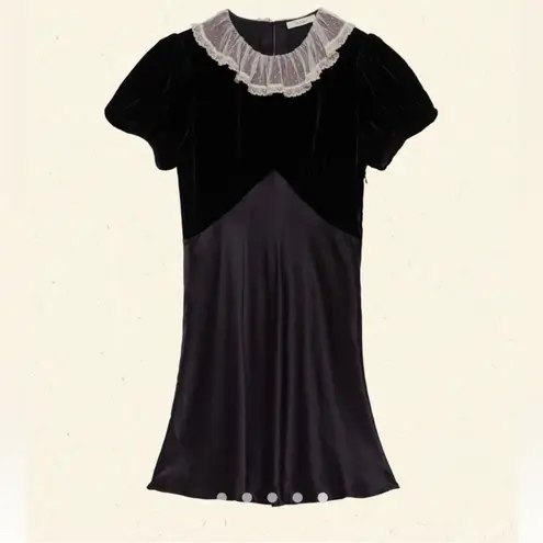 Doen Adelie Mini Dress Velvet Satin Silk Lace Collar Black Medium EUC
