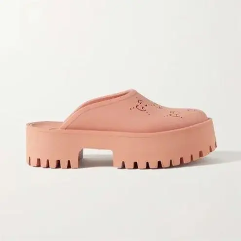 Gucci  GG Elea Logo Rubber Perforated Platform Peachy Chic Sandal Clogs Mules - Image 2