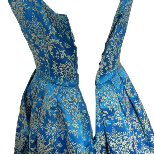 Vintage Blue Silk Brocade Pegged Dress and Shrug Handmade Size XS