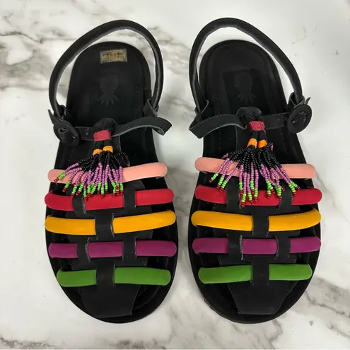 Farm Rio Beaded Rainbow Tube Strap Sandals Black Size 11 Like New